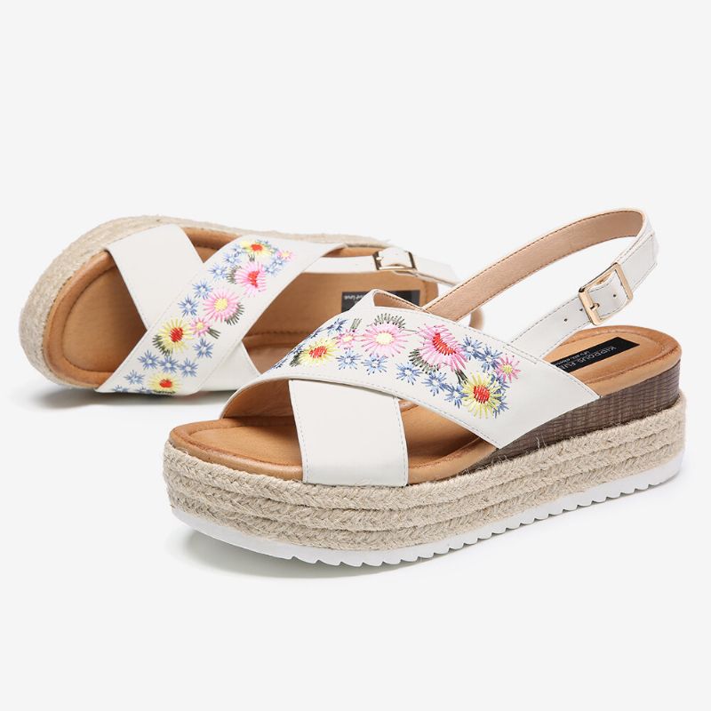 Alpargatas De Mujer Bordado Flores Correa Cruzada Slingback Sandalias Informales De Plataforma