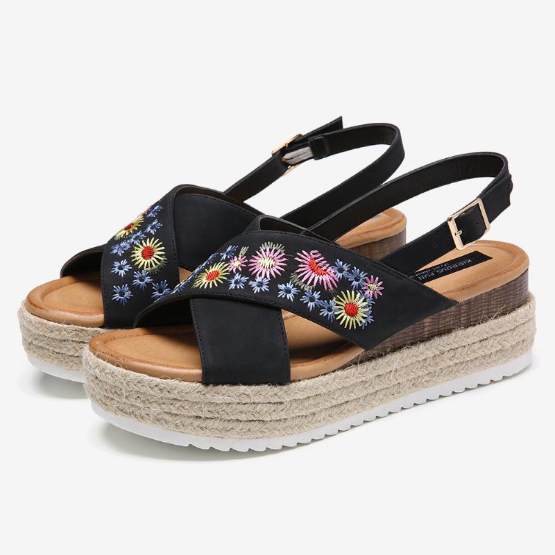 Alpargatas De Mujer Bordado Flores Correa Cruzada Slingback Sandalias Informales De Plataforma