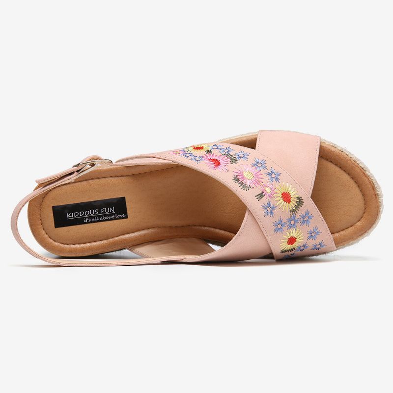 Alpargatas De Mujer Bordado Flores Correa Cruzada Slingback Sandalias Informales De Plataforma