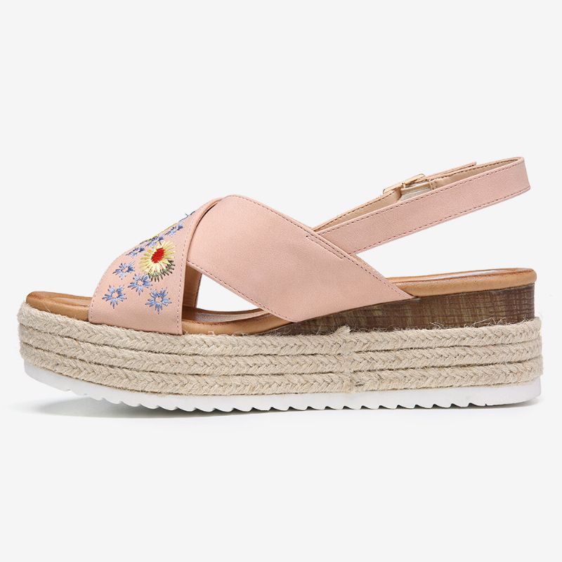 Alpargatas De Mujer Bordado Flores Correa Cruzada Slingback Sandalias Informales De Plataforma