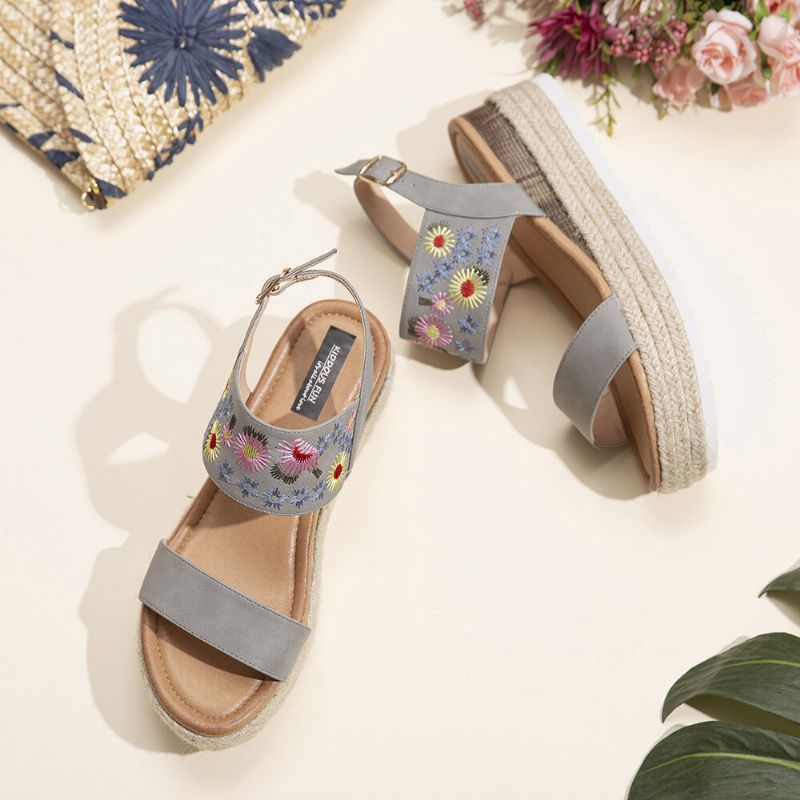 Alpargatas De Mujer Bordado Flores Hebilla Correa Slingback Plataforma Sandalias