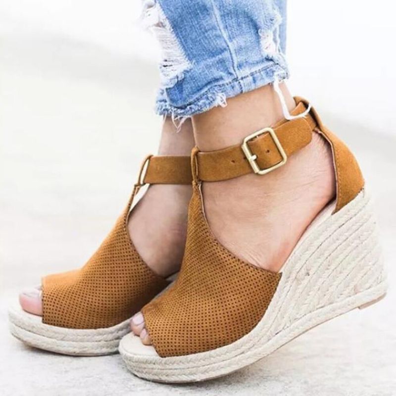 Alpargatas De Mujer Peep Toe Hebilla Cómodas Sandalias De Cuña Informales