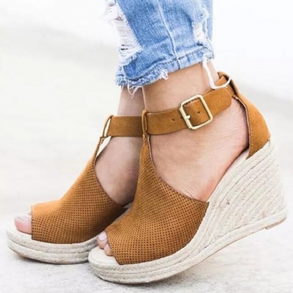 Alpargatas De Mujer Peep Toe Hebilla Cómodas Sandalias De Cuña Informales