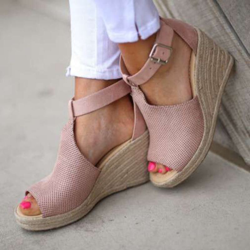 Alpargatas De Mujer Peep Toe Hebilla Cómodas Sandalias De Cuña Informales