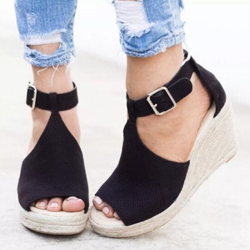 Alpargatas De Mujer Peep Toe Hebilla Cómodas Sandalias De Cuña Informales