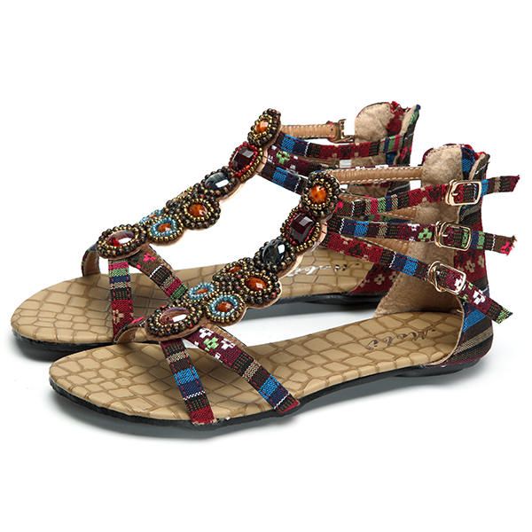 Bohemia Bead Crystal Zipper Peep Toe Sandalias De Playa