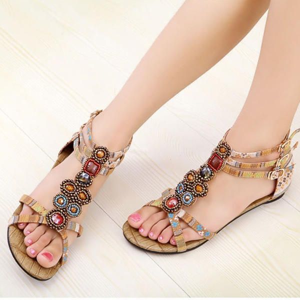 Bohemia Bead Crystal Zipper Peep Toe Sandalias De Playa