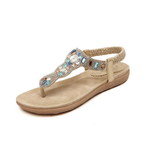 Bohemia Bead Rhinestone Sandalias Planas De Playa Elásticas Peep Toe Flip Flops