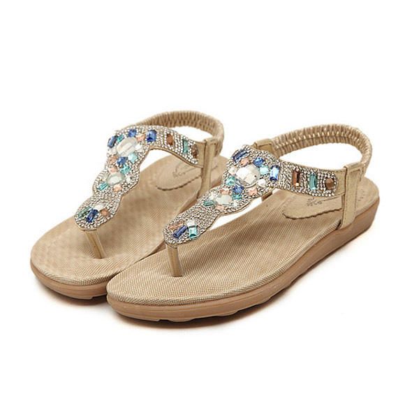 Bohemia Bead Rhinestone Sandalias Planas De Playa Elásticas Peep Toe Flip Flops