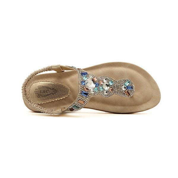 Bohemia Bead Rhinestone Sandalias Planas De Playa Elásticas Peep Toe Flip Flops