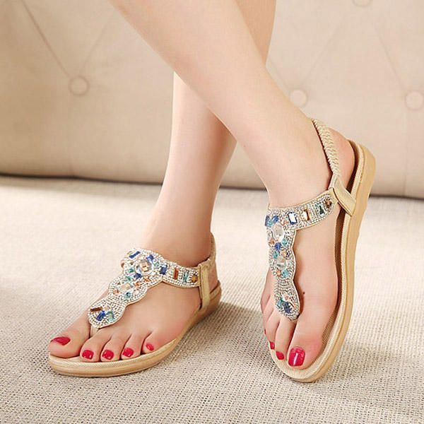 Bohemia Bead Rhinestone Sandalias Planas De Playa Elásticas Peep Toe Flip Flops