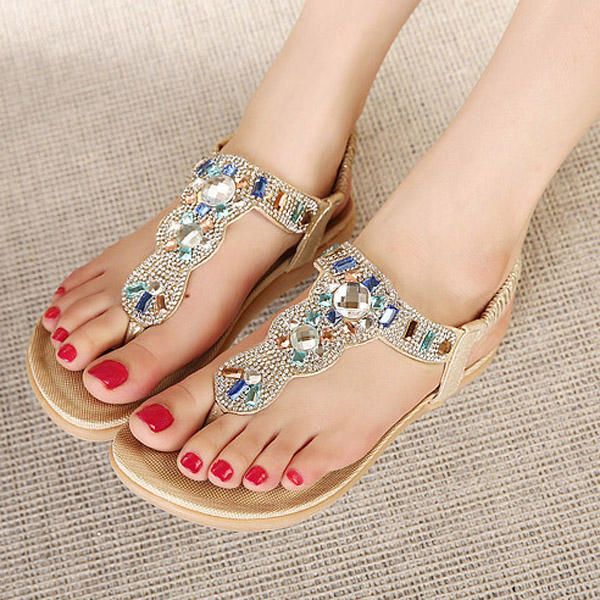 Bohemia Bead Rhinestone Sandalias Planas De Playa Elásticas Peep Toe Flip Flops