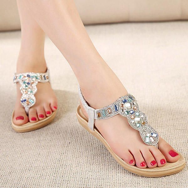 Bohemia Bead Rhinestone Sandalias Planas De Playa Elásticas Peep Toe Flip Flops