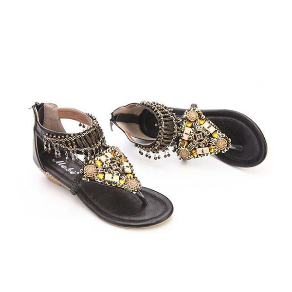 Bohemian Bead Chain Metal Pu Retro Clip Toe Zipper Playa Plana Sandalias De Tobillo Cómodas Al Aire Libre