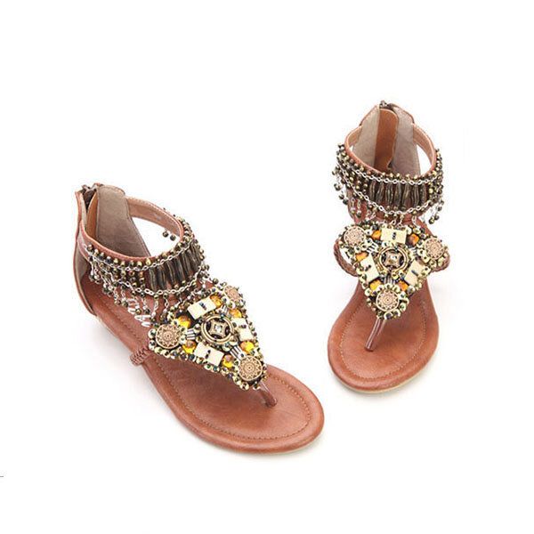 Bohemian Bead Chain Metal Pu Retro Clip Toe Zipper Playa Plana Sandalias De Tobillo Cómodas Al Aire Libre