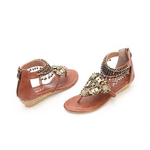 Bohemian Bead Chain Metal Pu Retro Clip Toe Zipper Playa Plana Sandalias De Tobillo Cómodas Al Aire Libre