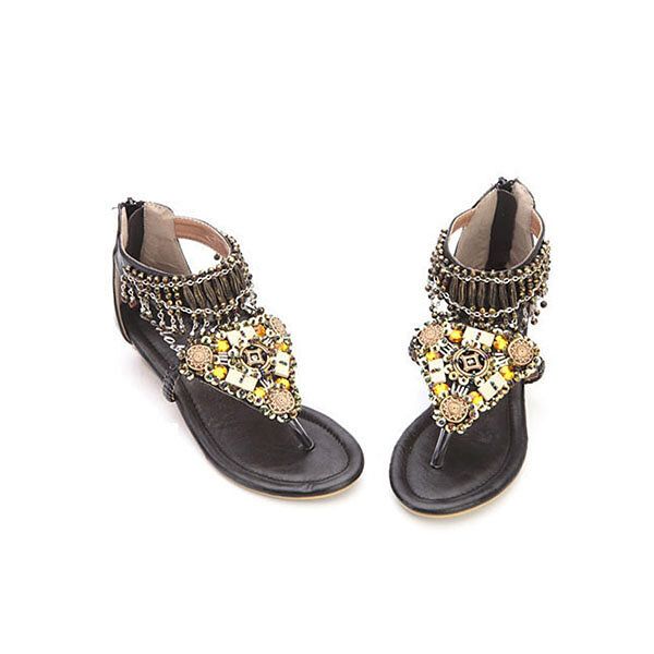 Bohemian Bead Chain Metal Pu Retro Clip Toe Zipper Playa Plana Sandalias De Tobillo Cómodas Al Aire Libre