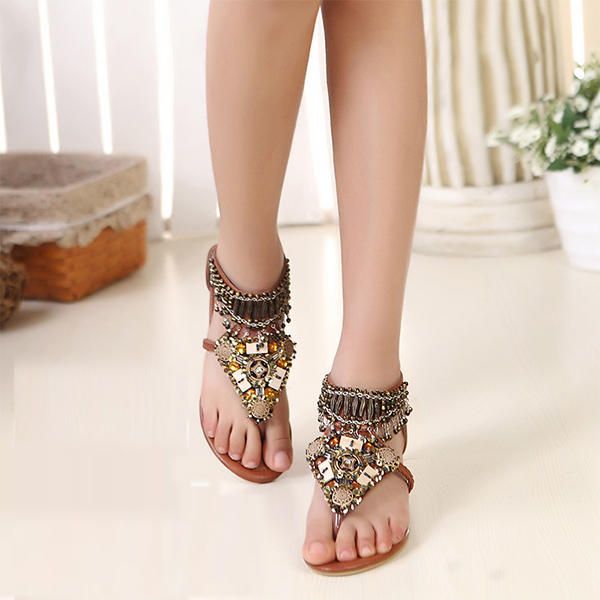 Bohemian Bead Chain Metal Pu Retro Clip Toe Zipper Playa Plana Sandalias De Tobillo Cómodas Al Aire Libre