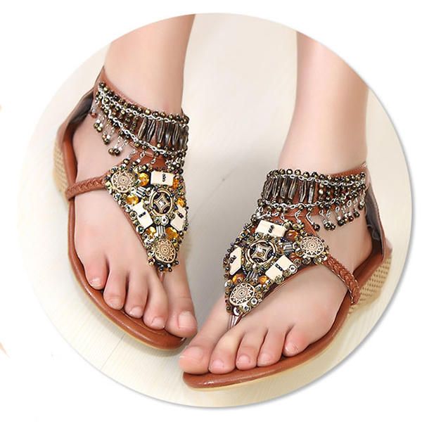 Bohemian Bead Chain Metal Pu Retro Clip Toe Zipper Playa Plana Sandalias De Tobillo Cómodas Al Aire Libre