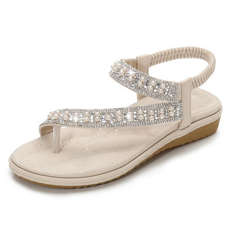 Chanclas Con Punta De Clip De Diamantes De Imitación Bohemios Sandalias Planas De Fondo Suave