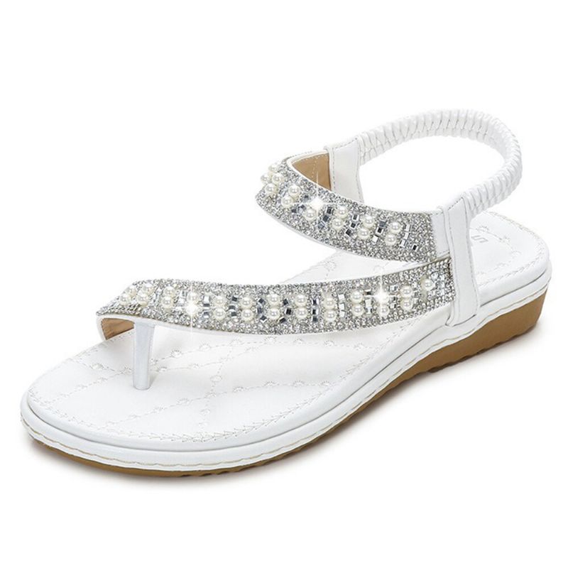 Chanclas Con Punta De Clip De Diamantes De Imitación Bohemios Sandalias Planas De Fondo Suave