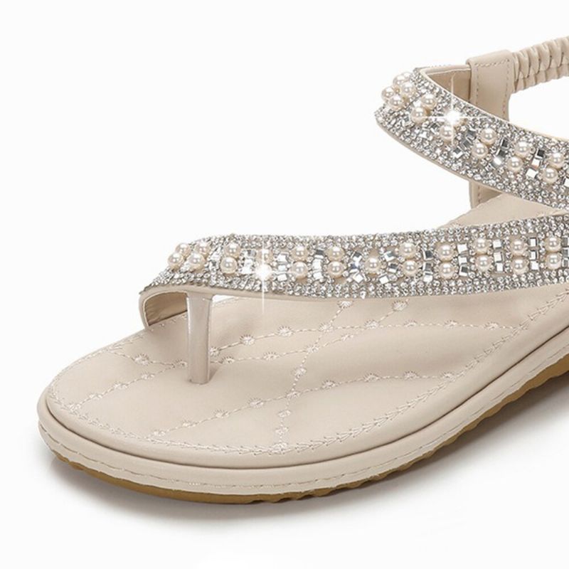 Chanclas Con Punta De Clip De Diamantes De Imitación Bohemios Sandalias Planas De Fondo Suave