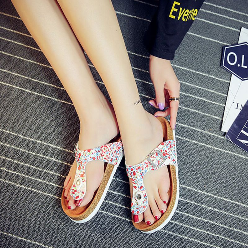 Chanclas De Suela Blanda Informales De Talla Grande Para Mujer Sandalias De Corcho De Playa Con Estampado