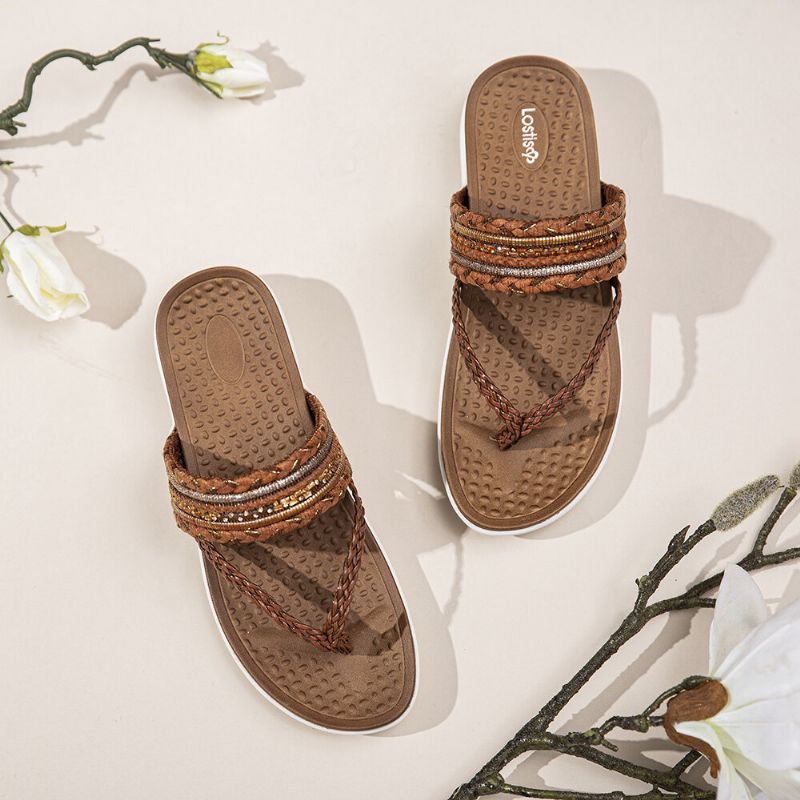 Chanclas Tejidas Para Mujer Con Punta De Clip Suela Suave Sandalias Planas