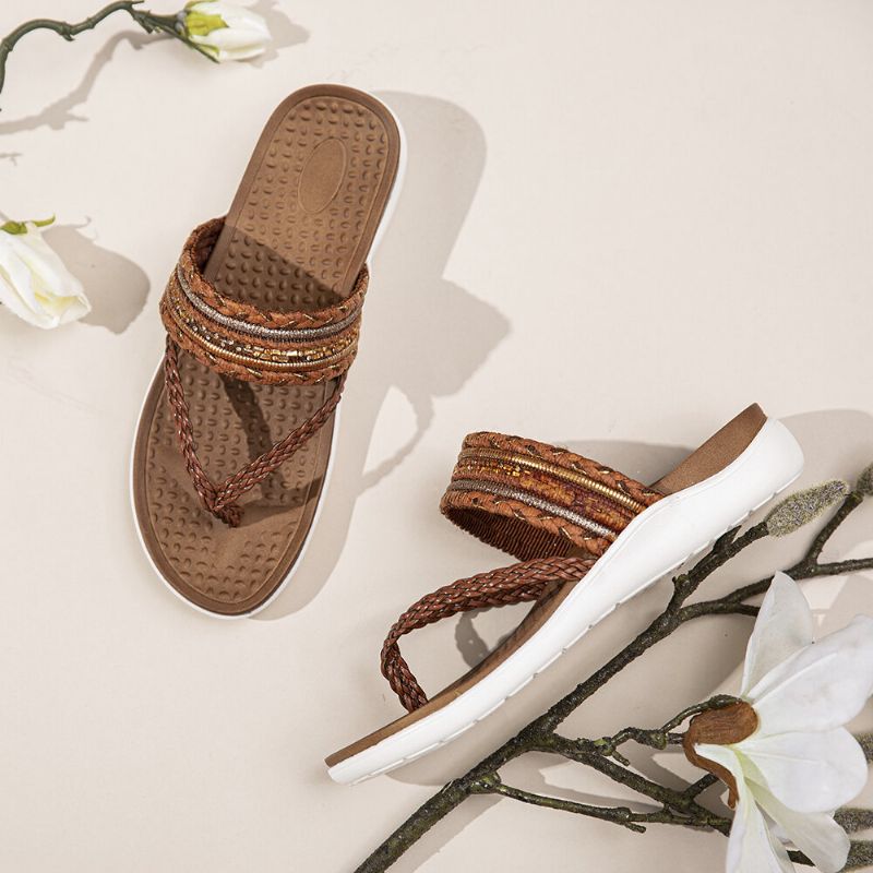 Chanclas Tejidas Para Mujer Con Punta De Clip Suela Suave Sandalias Planas