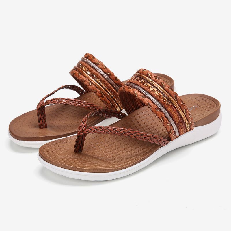 Chanclas Tejidas Para Mujer Con Punta De Clip Suela Suave Sandalias Planas