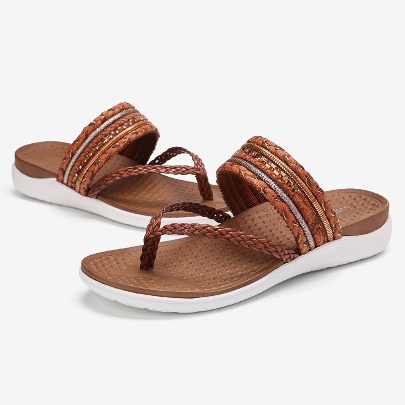 Chanclas Tejidas Para Mujer Con Punta De Clip Suela Suave Sandalias Planas