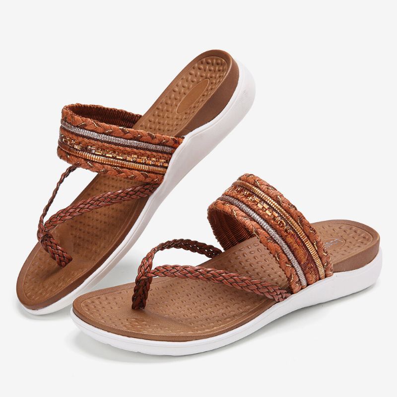 Chanclas Tejidas Para Mujer Con Punta De Clip Suela Suave Sandalias Planas