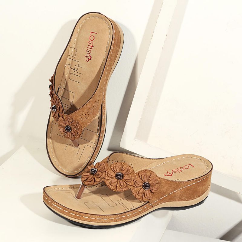 Cómodas Sandalias De Cuña Con Flores Y Chanclas Para Mujer