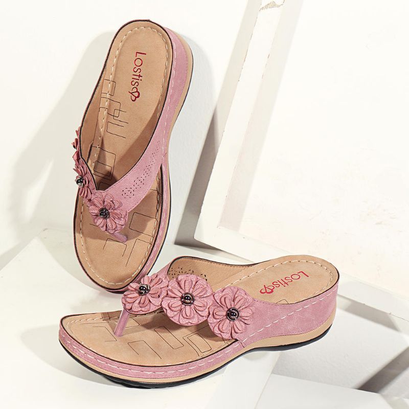 Cómodas Sandalias De Cuña Con Flores Y Chanclas Para Mujer