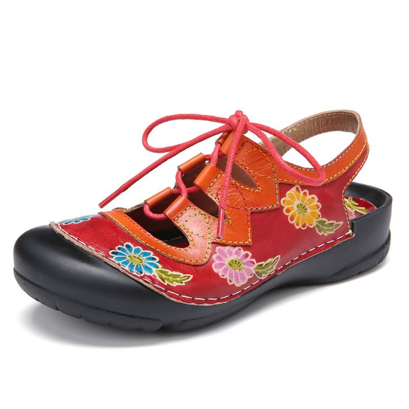 Cuero Floral Empalme Recorte Costuras Cordones Slingback Mules Zuecos Sandalias Planas