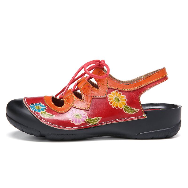 Cuero Floral Empalme Recorte Costuras Cordones Slingback Mules Zuecos Sandalias Planas