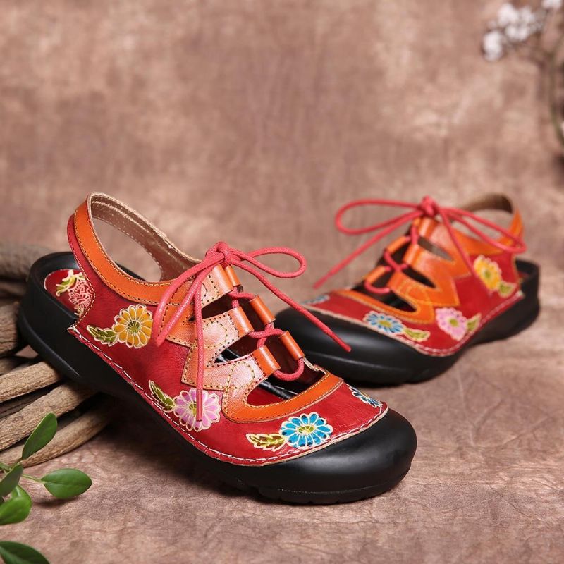 Cuero Floral Empalme Recorte Costuras Cordones Slingback Mules Zuecos Sandalias Planas