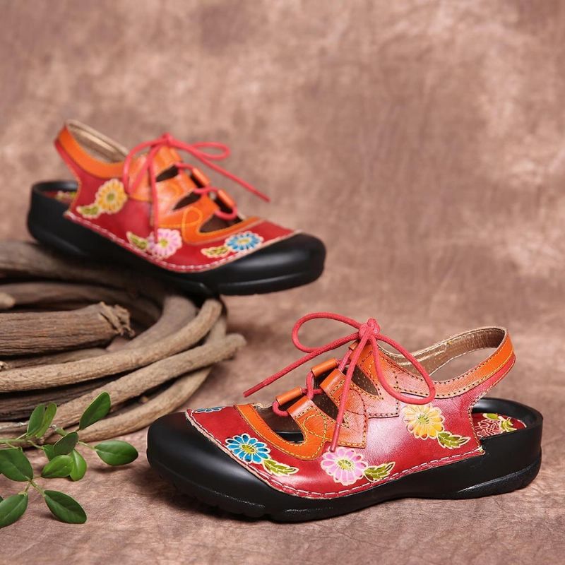 Cuero Floral Empalme Recorte Costuras Cordones Slingback Mules Zuecos Sandalias Planas