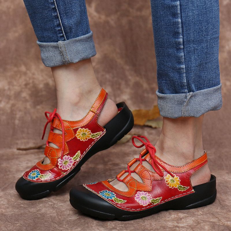 Cuero Floral Empalme Recorte Costuras Cordones Slingback Mules Zuecos Sandalias Planas