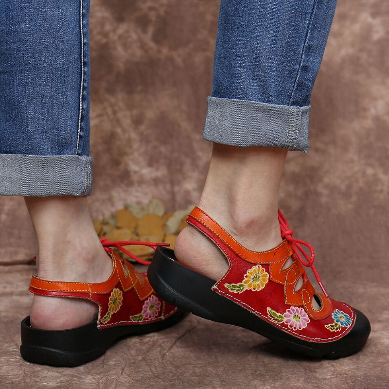 Cuero Floral Empalme Recorte Costuras Cordones Slingback Mules Zuecos Sandalias Planas