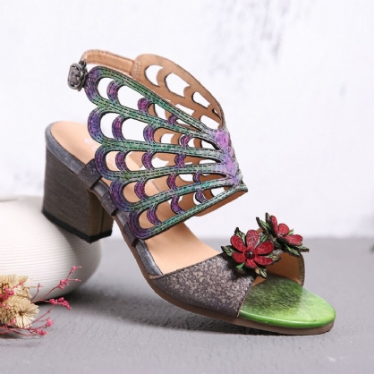 Cuero Flores Recortes Alas De Mariposa Hebilla Slingback Sandalias De Tacón En Bloque