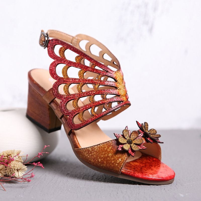 Cuero Flores Recortes Alas De Mariposa Hebilla Slingback Sandalias De Tacón En Bloque