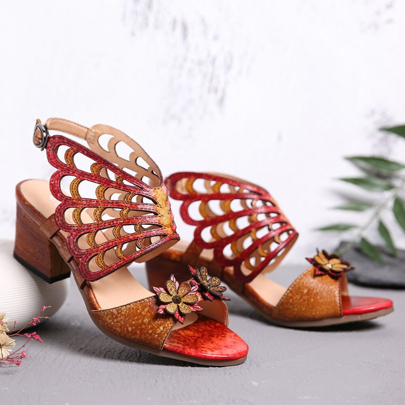 Cuero Flores Recortes Alas De Mariposa Hebilla Slingback Sandalias De Tacón En Bloque