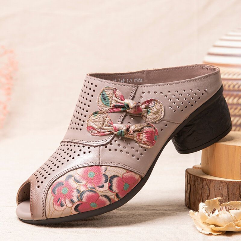 Decoración Floral Étnica Bowknot Ahueca Hacia Fuera Piel De Vaca Estampada Peep Toe Heel Sandas.