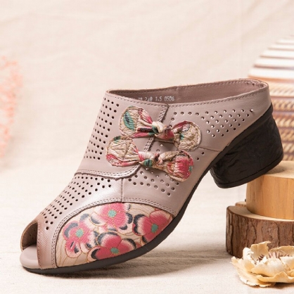 Decoración Floral Étnica Bowknot Ahueca Hacia Fuera Piel De Vaca Estampada Peep Toe Heel Sandas.