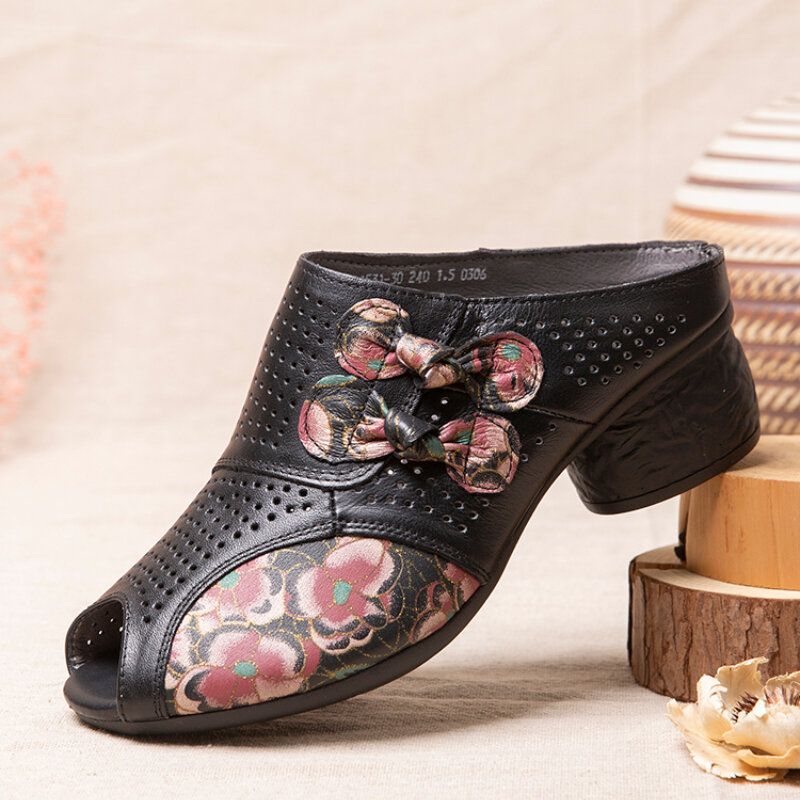 Decoración Floral Étnica Bowknot Ahueca Hacia Fuera Piel De Vaca Estampada Peep Toe Heel Sandas.