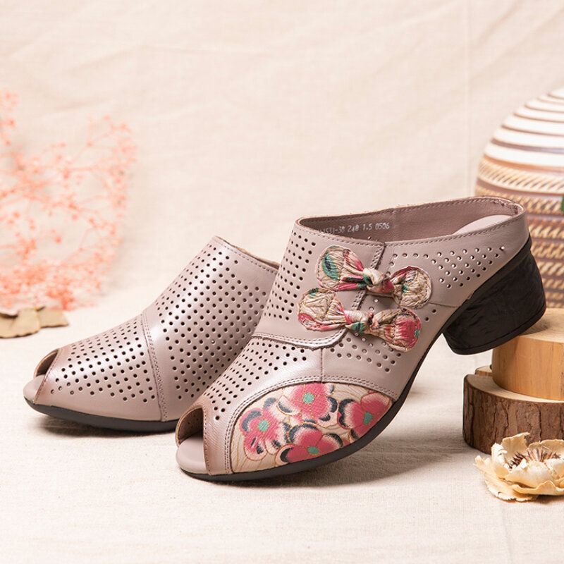 Decoración Floral Étnica Bowknot Ahueca Hacia Fuera Piel De Vaca Estampada Peep Toe Heel Sandas.