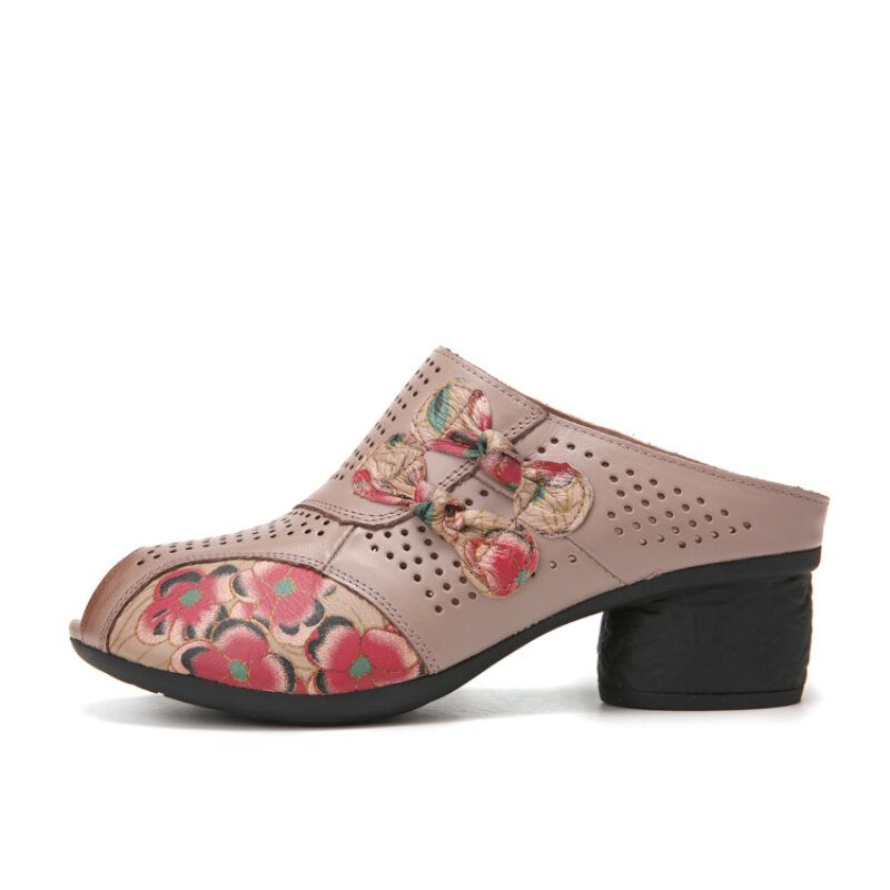 Decoración Floral Étnica Bowknot Ahueca Hacia Fuera Piel De Vaca Estampada Peep Toe Heel Sandas.