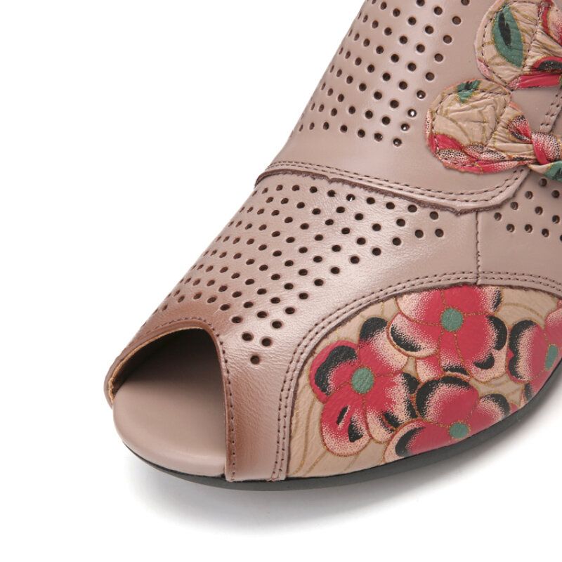 Decoración Floral Étnica Bowknot Ahueca Hacia Fuera Piel De Vaca Estampada Peep Toe Heel Sandas.