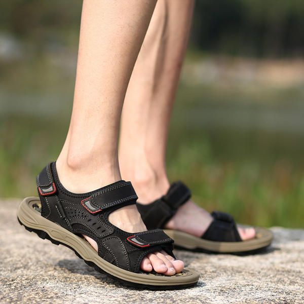 Hombres Cómodos Al Aire Libre Hook Loop Sandalias De Cuero Zapatos De Playa